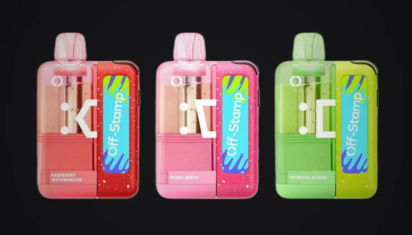 Off-Stamp X Cube Crystal vape devices in three colorways displayed against black background