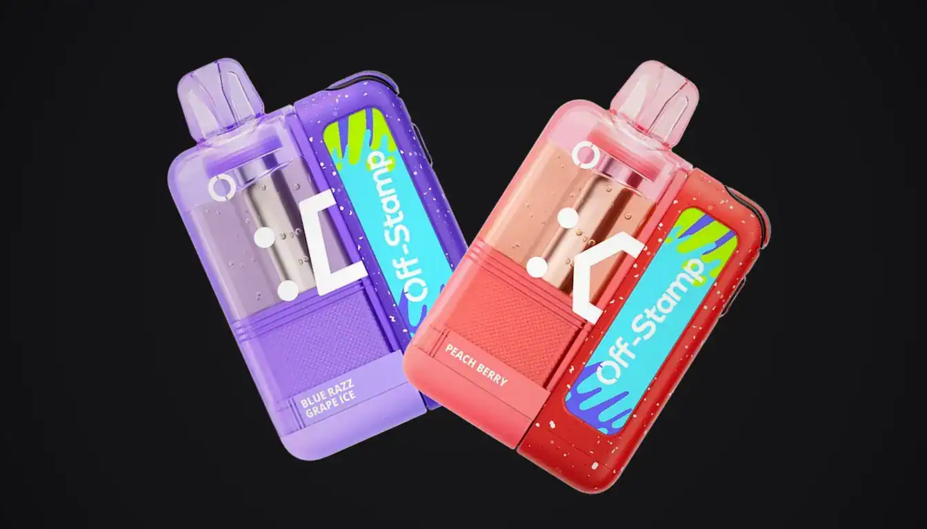 Off-Stamp X Cube Crystal vape in purple and red colorways against black background