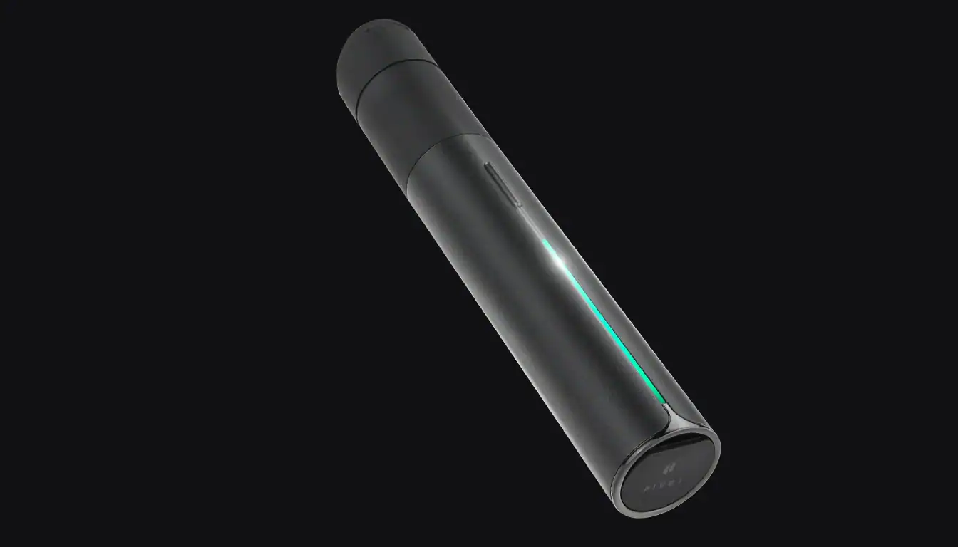 Puffco Pivot vape device shown at an angle against black background with glowing turquoise indicator light