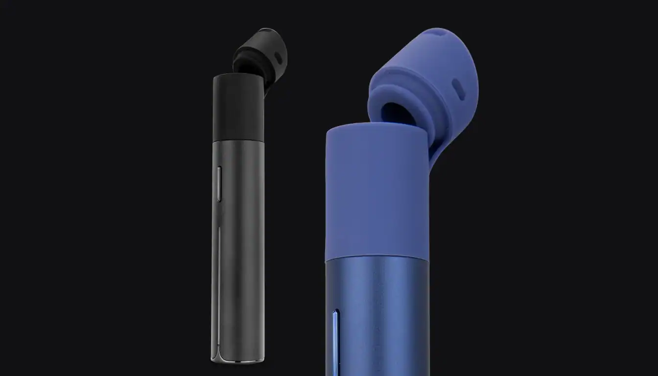 Puffco Pivot vape shown in black and blue colorways side by side against dark background