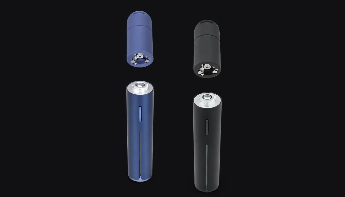 Puffco Pivot in blue and black colorways shown from multiple angles against dark background