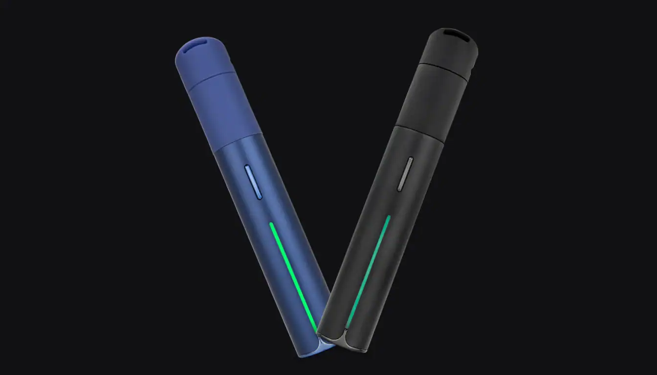 Puffco Pivot vape in blue and black colorways displayed against black background