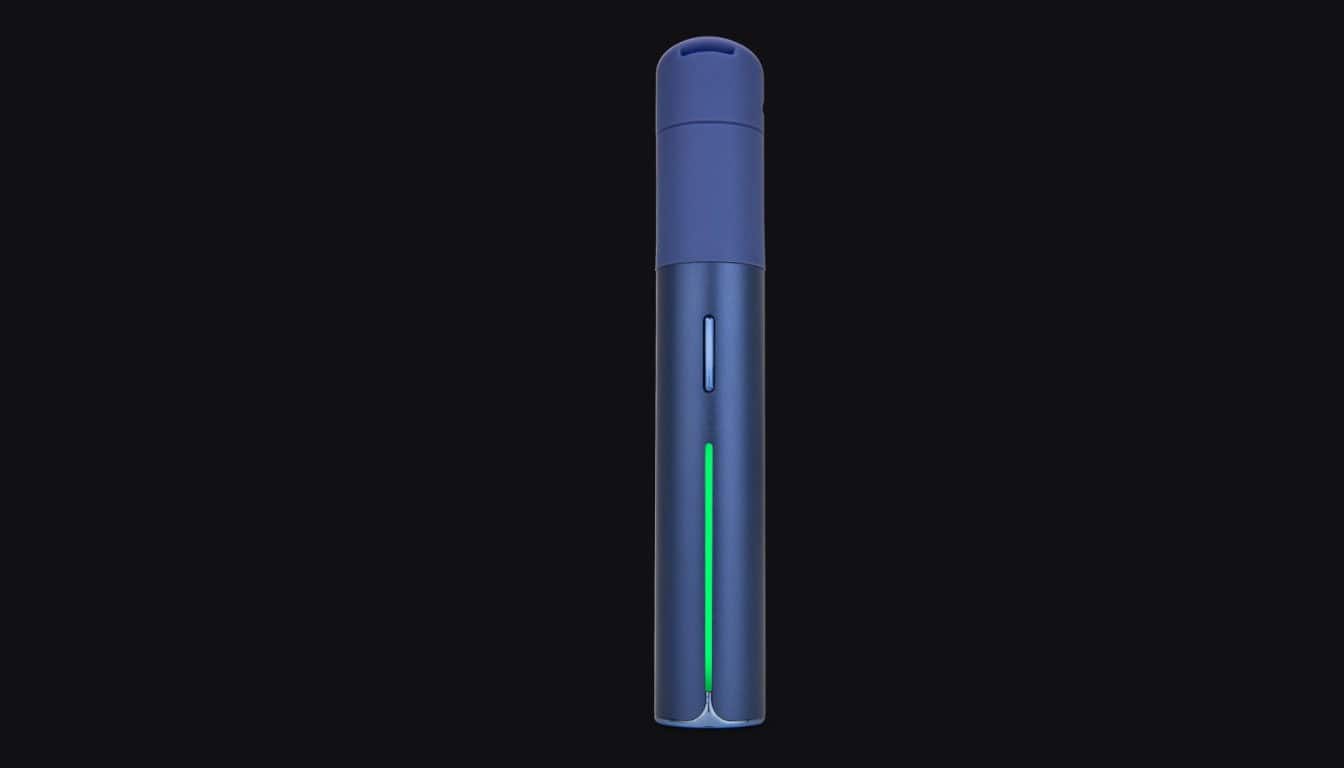 Puffco Pivot blue vape device standing upright against black background with green light indicator