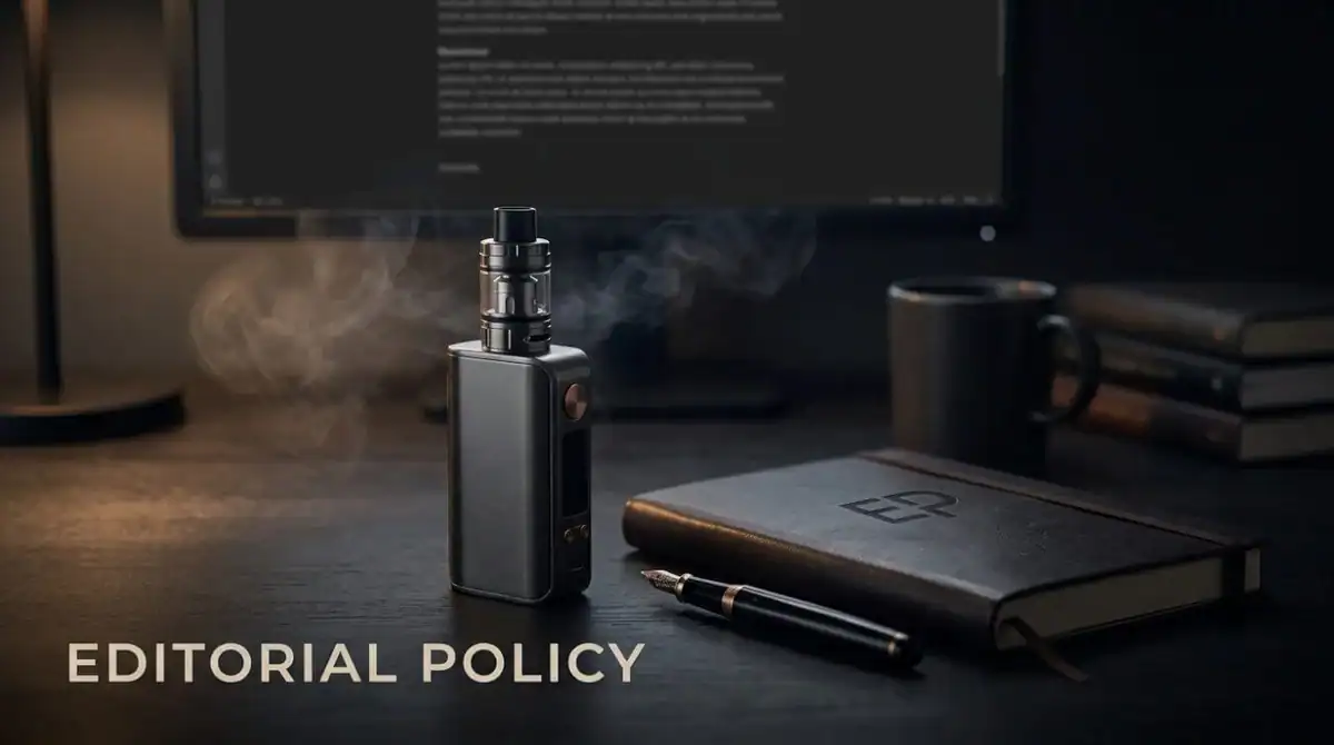 SmokeTastic editorial policy illustration showing a document, a pen and a vape device on a desk