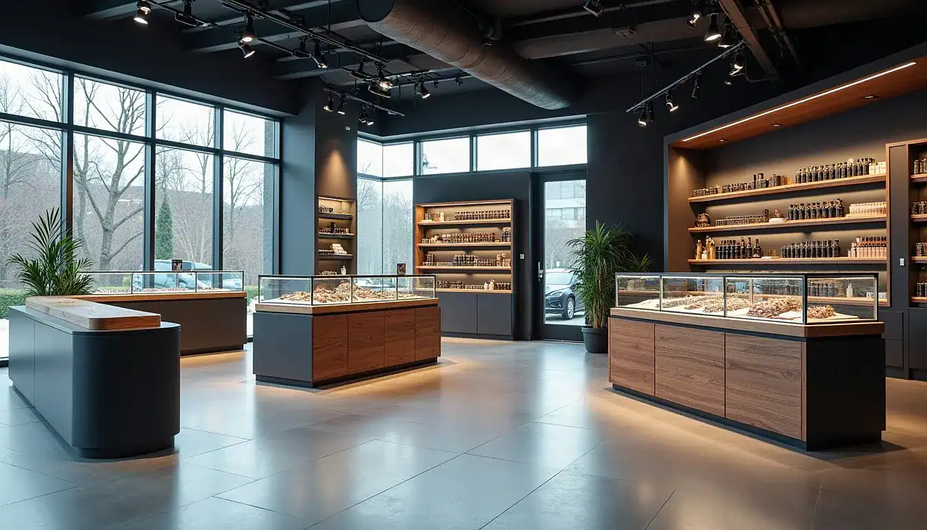 Modern vape shop interior with illuminated shelves displaying numerous bottled products and glass display cases