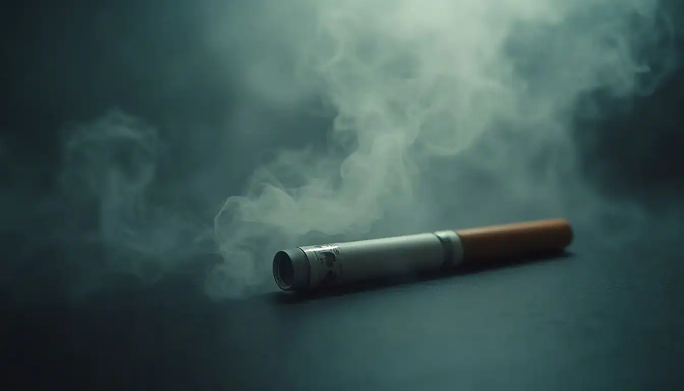 Unnamed vape device with brown mouthpiece on teal surface emitting white vapor