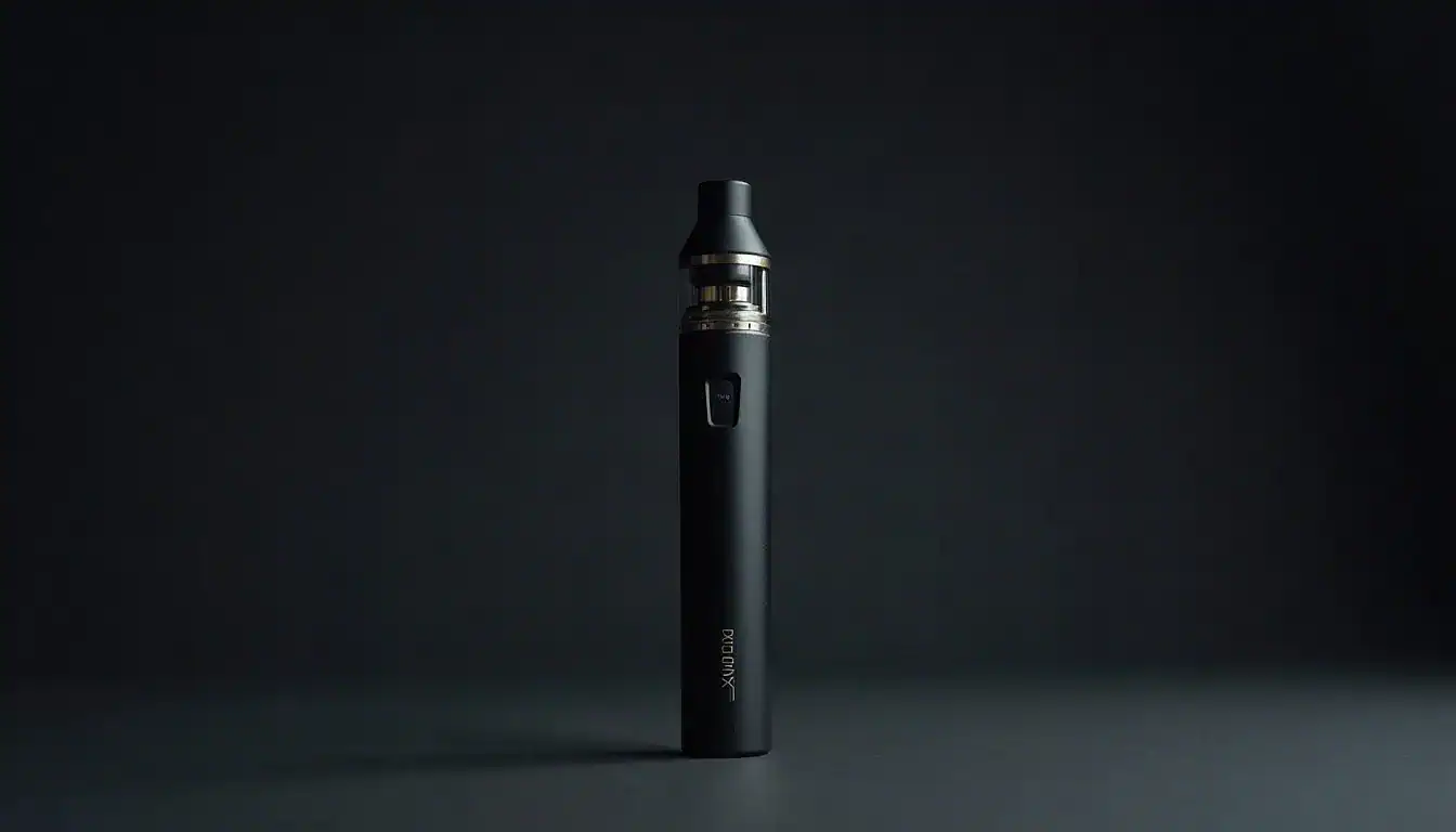Unnamed black vape device with silver top displayed against dark background