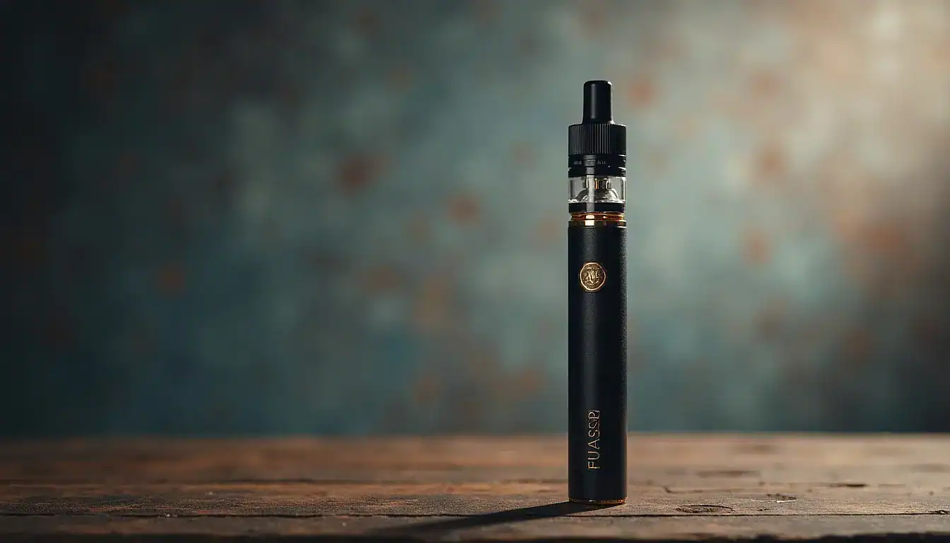 Black vape device with gold logo and text standing upright on wooden surface