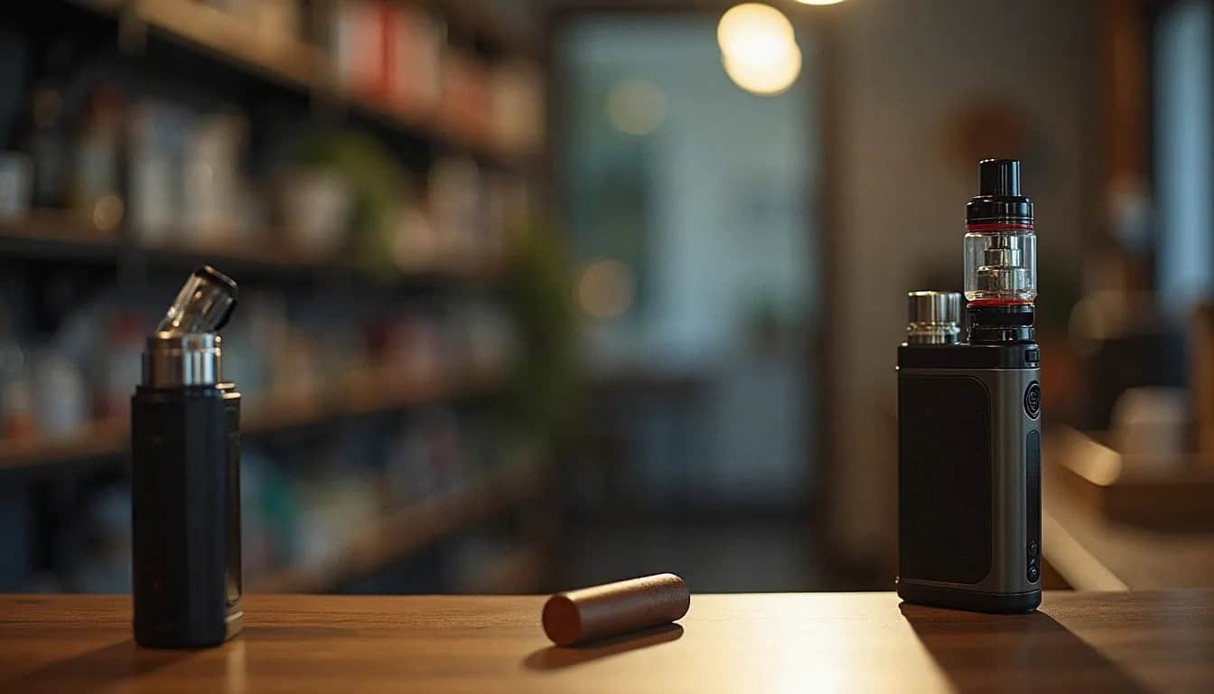 Vape device displayed on wooden surface with accessories and blurred shop background