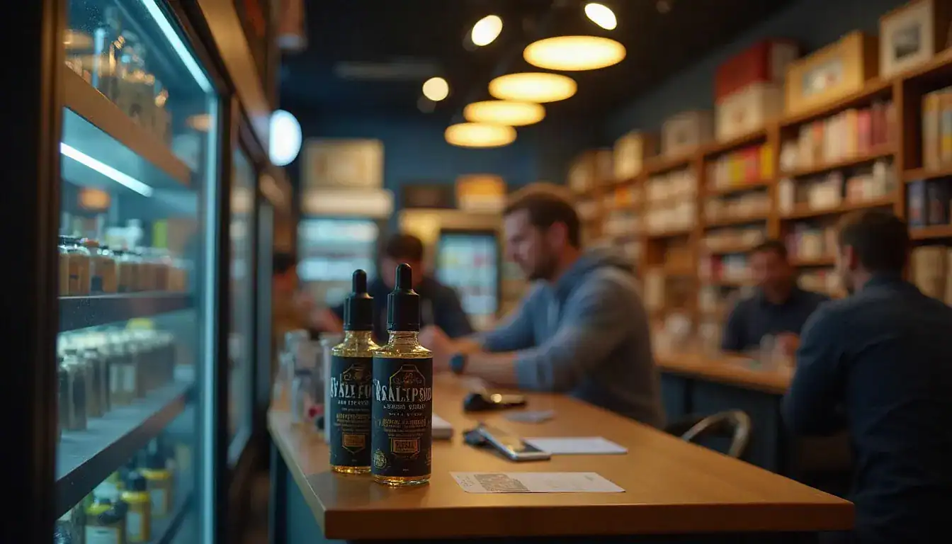 Unnamed vape device displayed on wooden counter in shop with refrigerated shelves and customers blurred behind