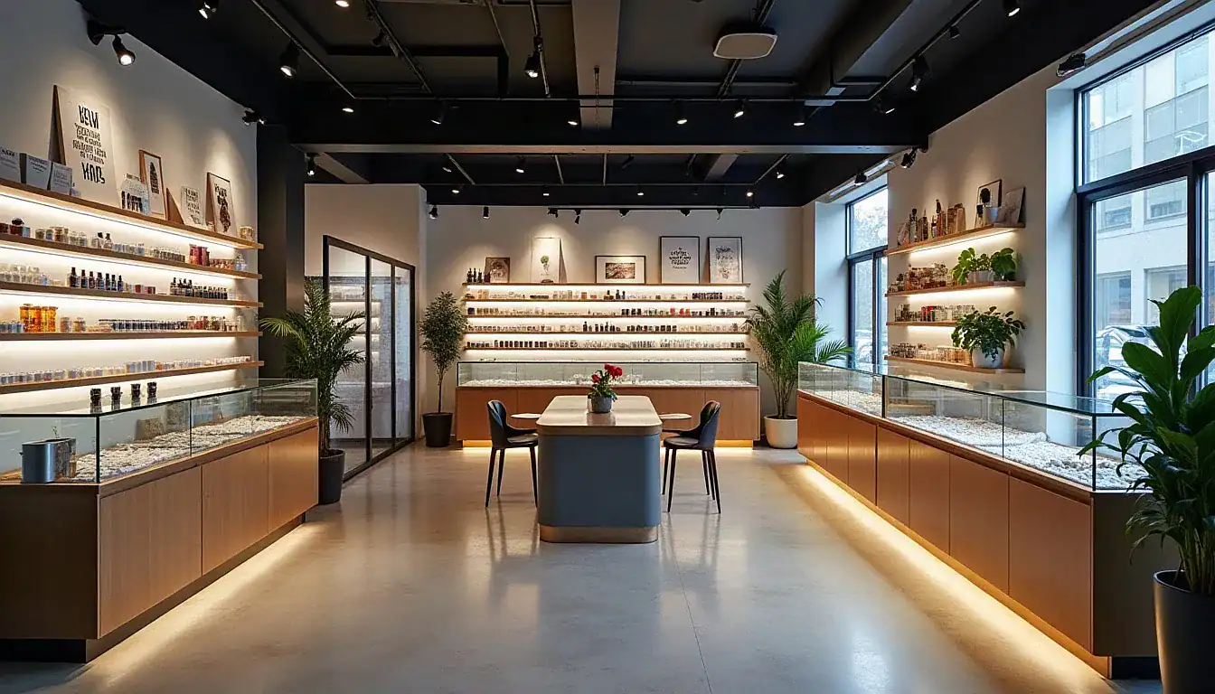 Modern retail vape shop interior with illuminated shelves displaying numerous vape products and accessories throughout