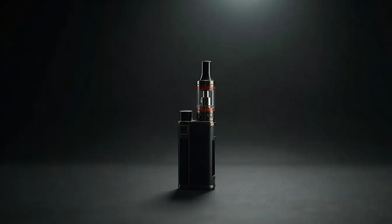 Black vape device with red-trimmed tank component displayed against dark gray background