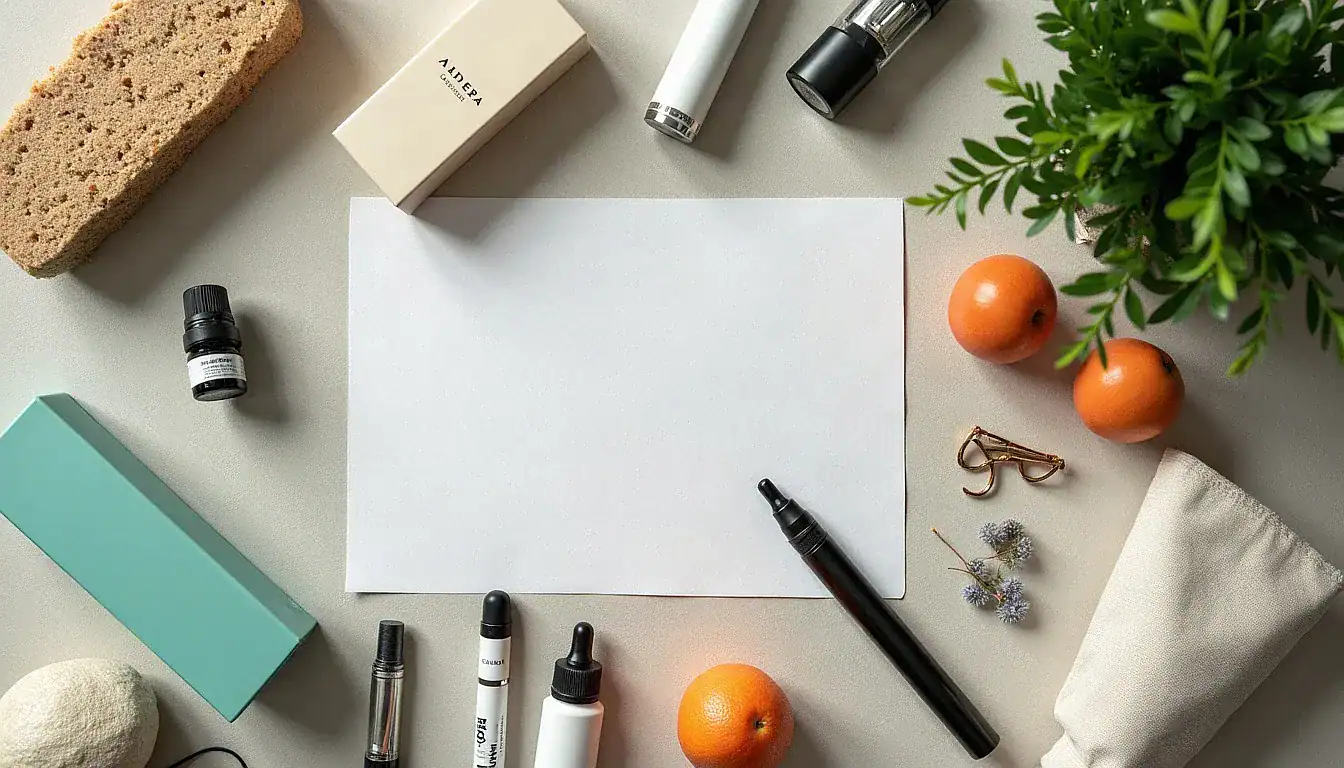 Unnamed vape device displayed on blank paper surrounded by wellness items and fresh oranges