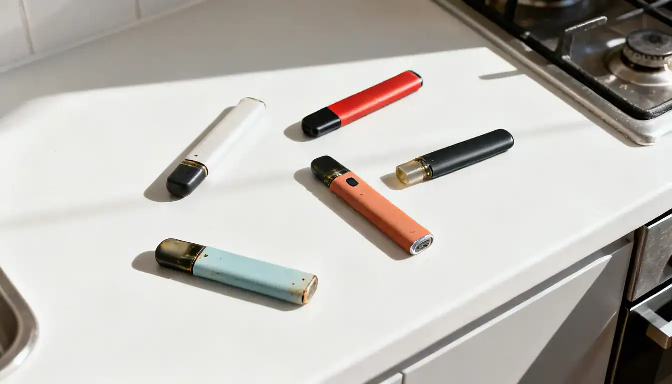 Five unnamed vape devices in various colors arranged on white kitchen counter surface