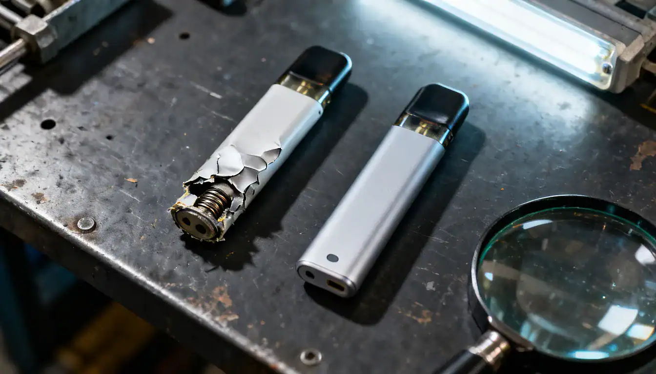 Disassembled vape device showing internal components, white and black units on metal workbench surface