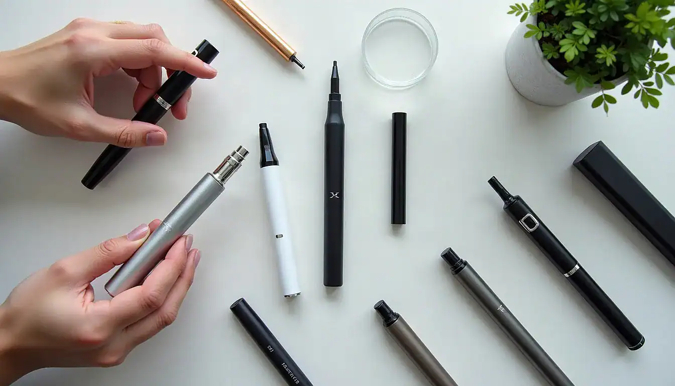Vape device collection displayed on white surface with hand holding silver unit and potted plant visible