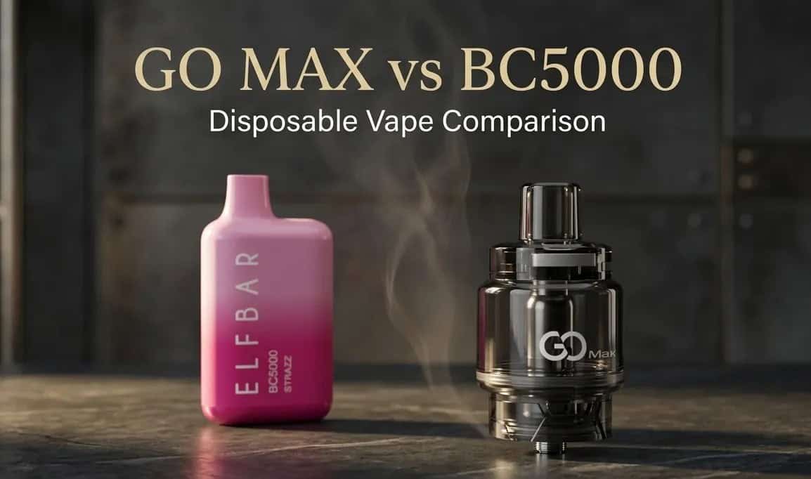 Unnamed vape device comparison showing pink BC5000 and black GO Max disposable vapes on wooden surface