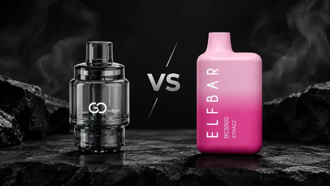 Unnamed vape device comparison between black GO Max tank and pink ELFBAR B5000 Strazz device