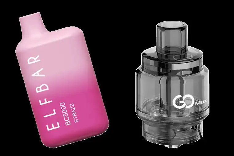 Unnamed vape device shown with pink gradient pod on left and clear tank component on right against black background