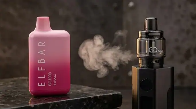 Unnamed vape device shown in pink and black variants on dark surface with vapor cloud