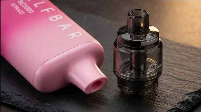 Unnamed vape device shown in pink packaging and black tank component on dark slate surface