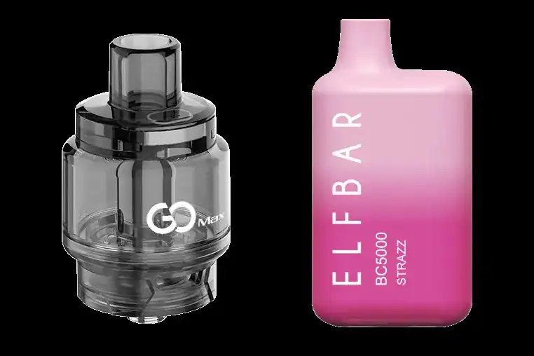 Unnamed vape device shown in clear gray tank and pink gradient pod against black background