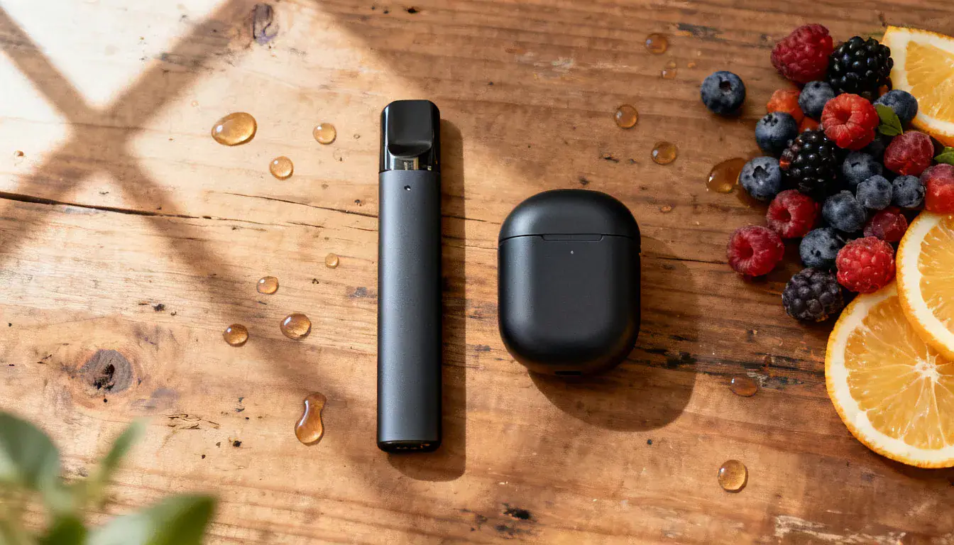 Unnamed vape device displayed on rustic wood surface with fresh berries and orange slices