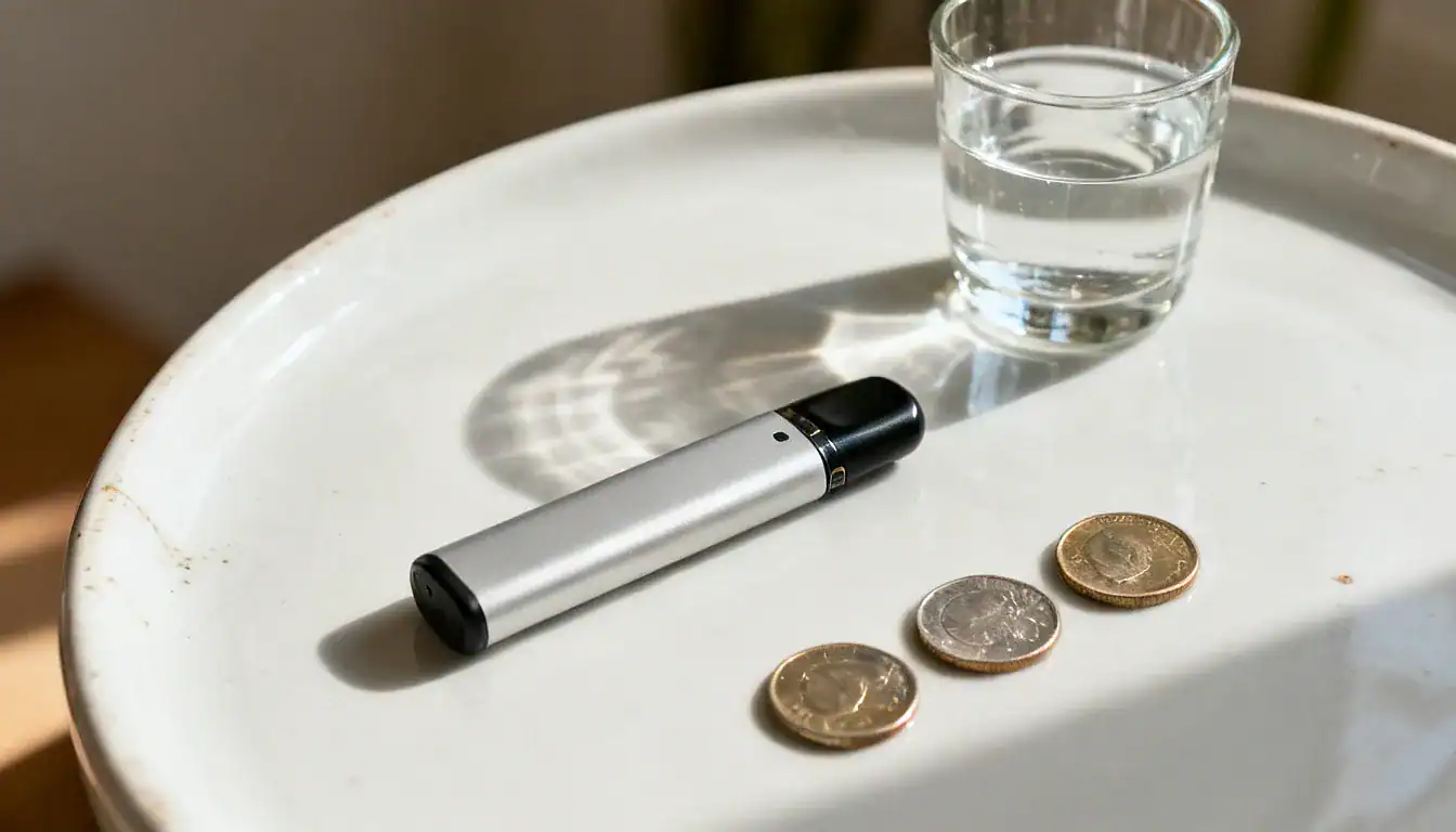Unnamed vape device in silver with black mouthpiece displayed on white plate with coins and water glass