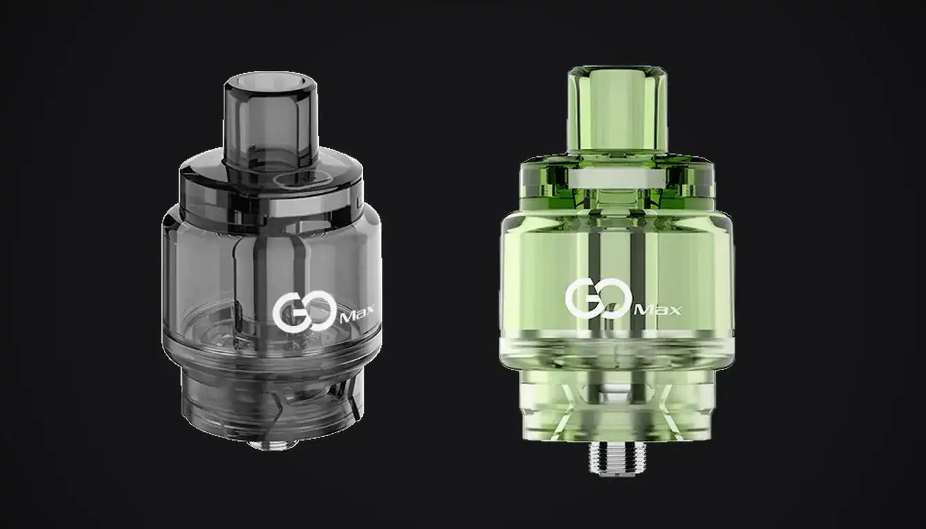 Innokin GoMax Tank shown in two color variants, black and green translucent, against black background