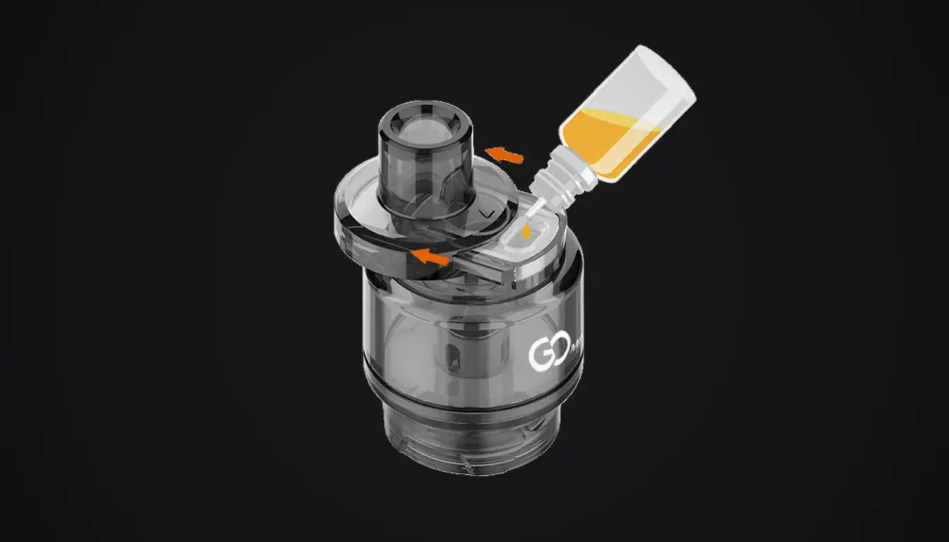 Innokin GoMax Tank with yellow liquid bottle pouring into top fill port against black background