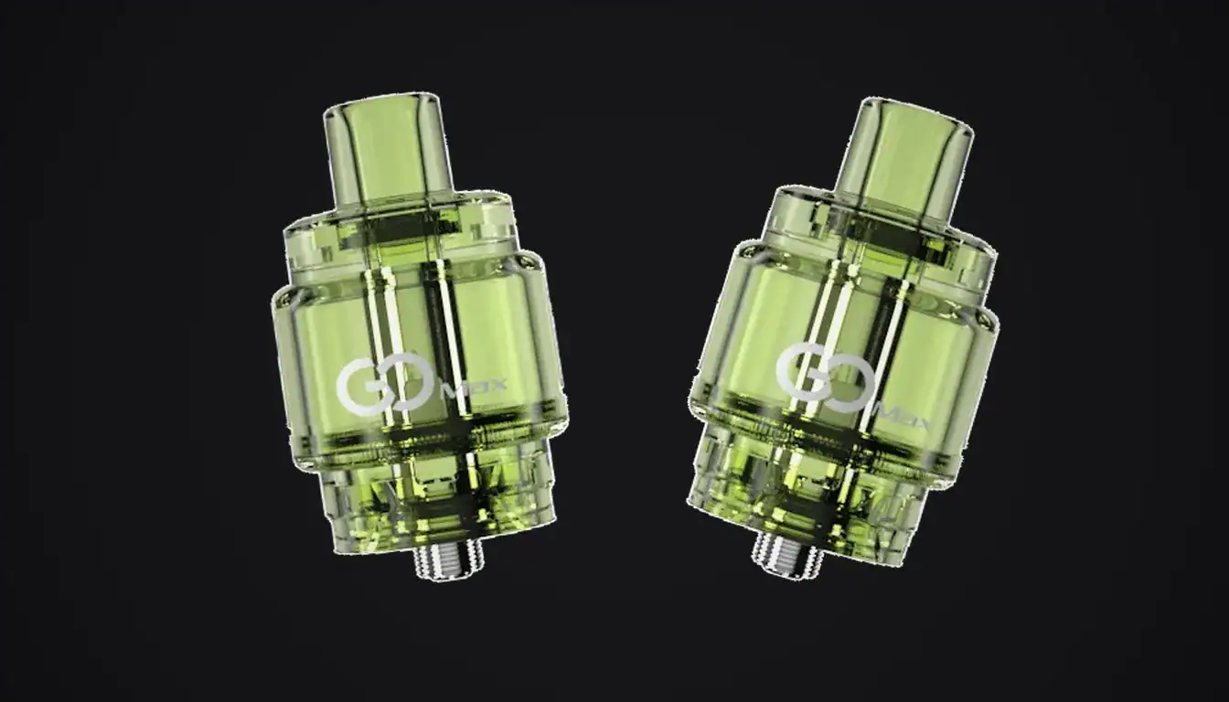 Innokin GoMax Tank in translucent green shown as two units against black background