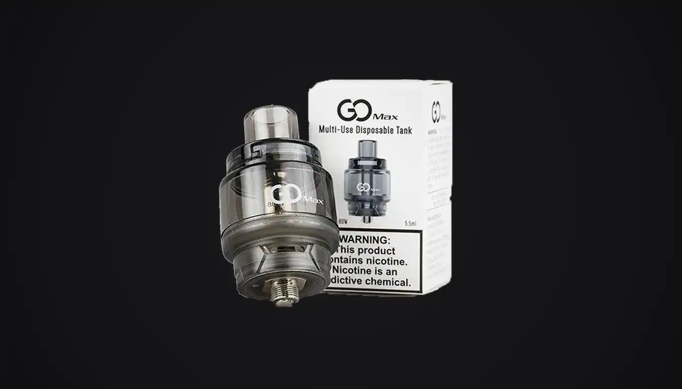 Innokin GoMax Tank multi-use disposable tank shown with box packaging against black background
