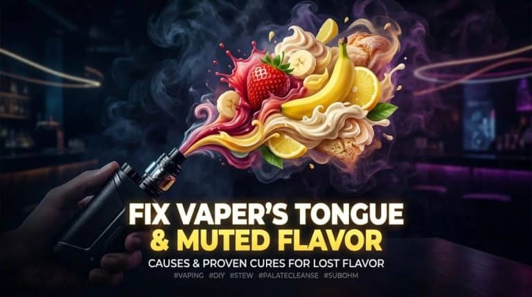Vape device in hand with colorful fruit and cream flavor illustration erupting from mouthpiece