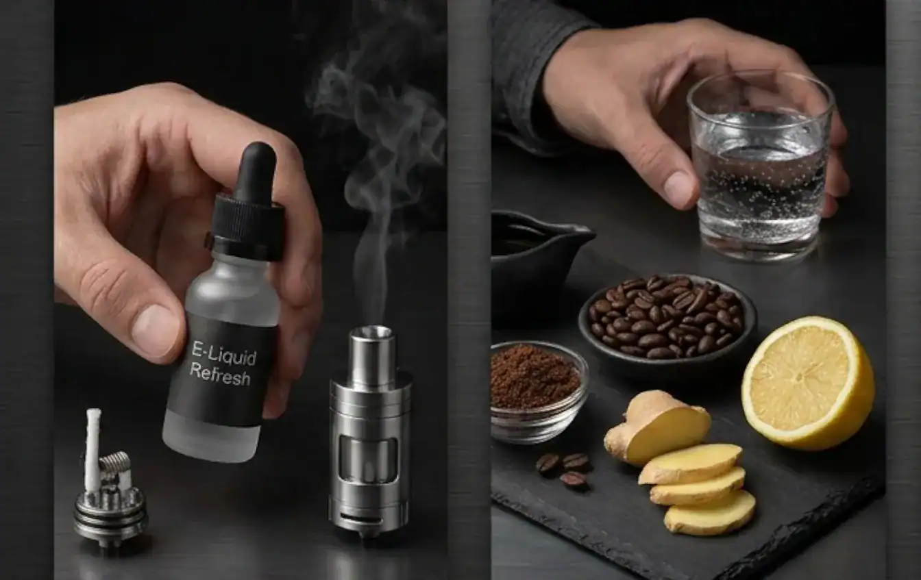 Vape device displayed with ingredients including coffee beans, lemon, ginger, cocoa powder, and water glass