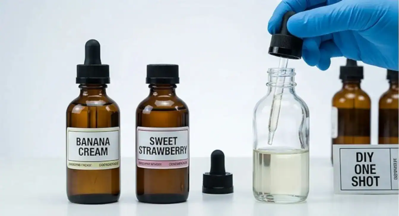 Labeled flavor bottles and clear glass vial with dropper against white background showing vaping ingredients