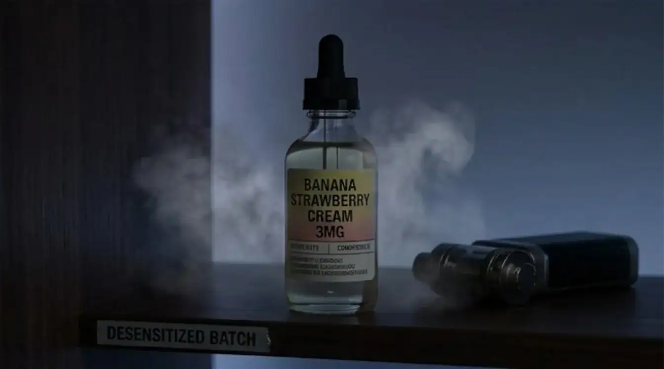 Vape device bottle with banana strawberry cream label next to dark containers on surface