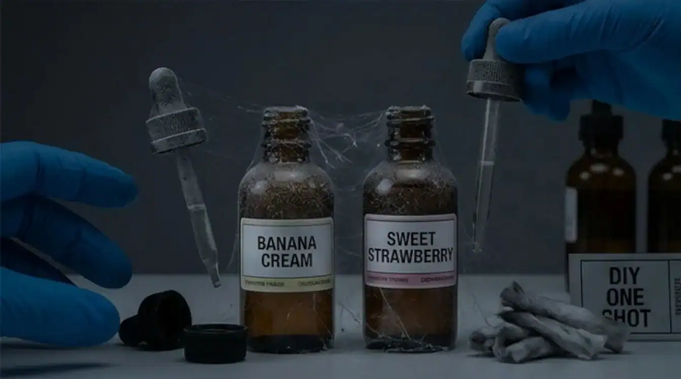 Vape device with flavor bottles labeled banana cream and sweet strawberry on gray surface