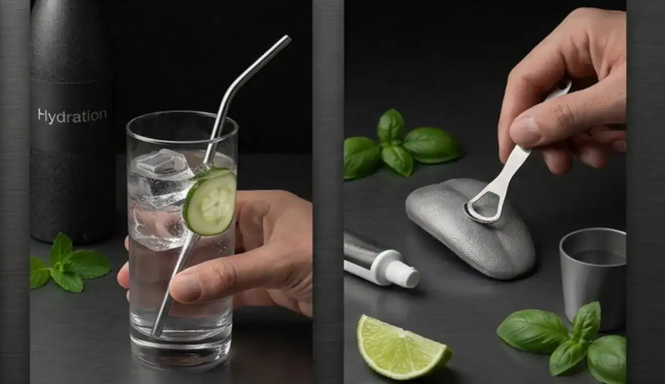 Unnamed vape device displayed with hydration concept, cucumber slices, mint leaves, and lime wedge on dark surface