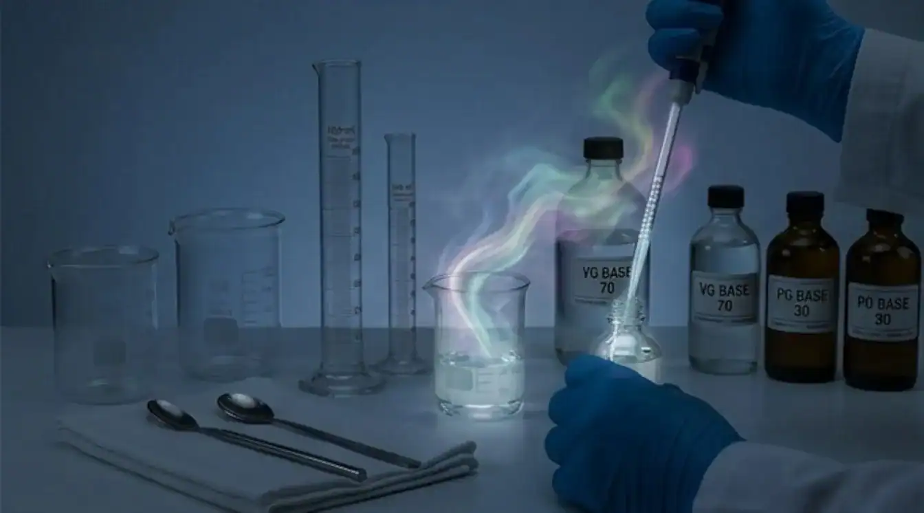Vape device mixing lab supplies including beakers, measuring cylinders, base bottles, and pipette with blue gloved hands