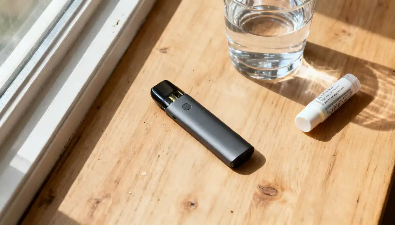 Unnamed vape device in black displayed on wooden surface with water glass and lip balm
