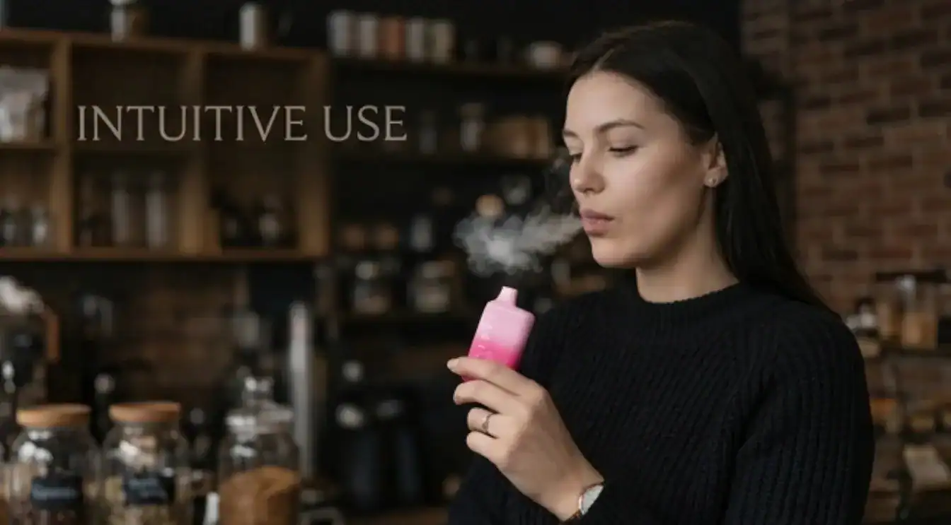 Woman holding pink vape device with visible vapor exhale against blurred indoor background