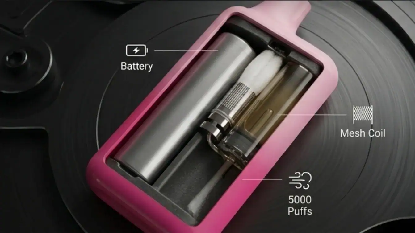 Unnamed vape device in pink with labeled battery, mesh coil, and five thousand puffs capacity shown