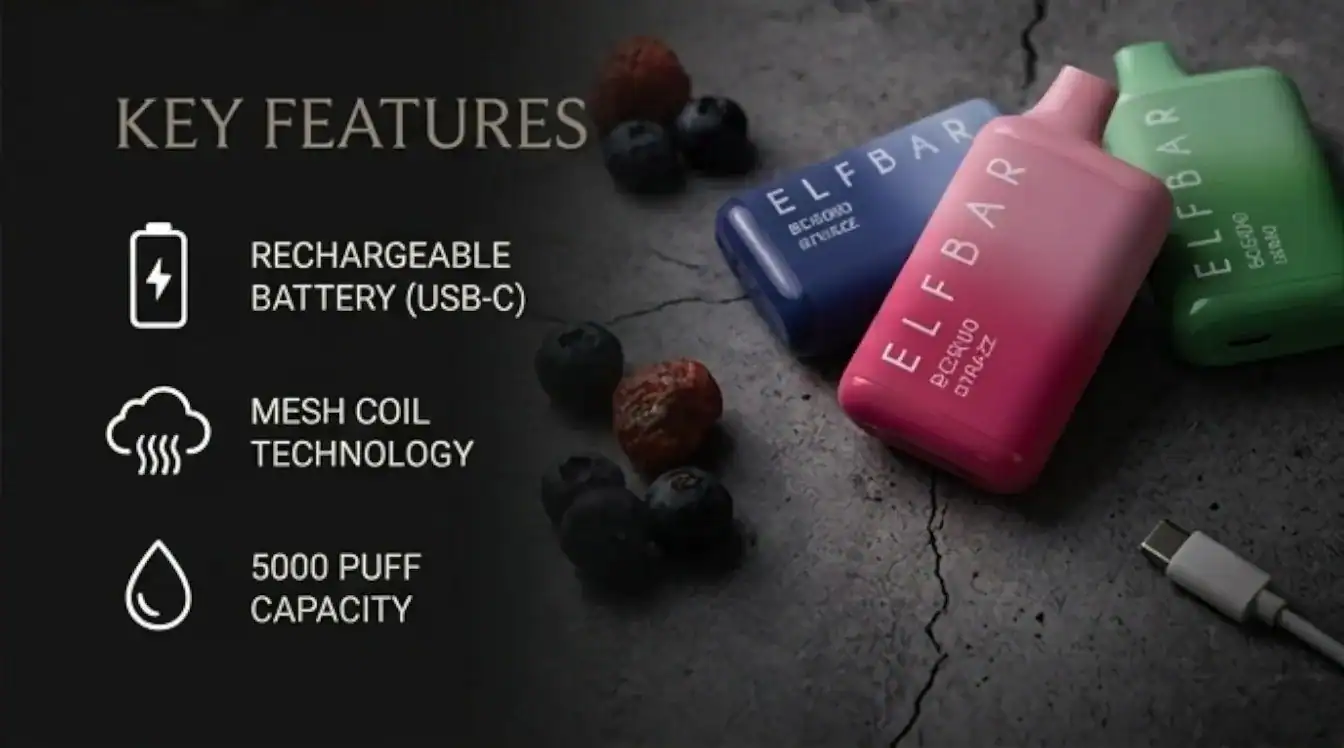 Vape device shown in blue, pink, and green colorways on gray surface with berries