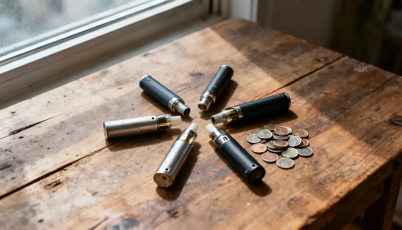 Unnamed vape device displayed in circle formation with coins on wooden table surface