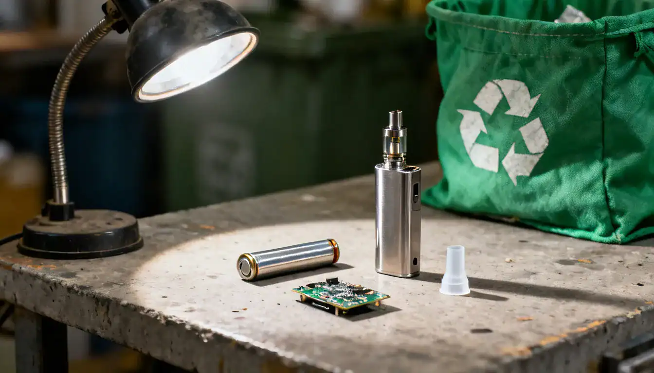 Unnamed vape device displayed on concrete surface with battery, circuit board, and green recycling bin